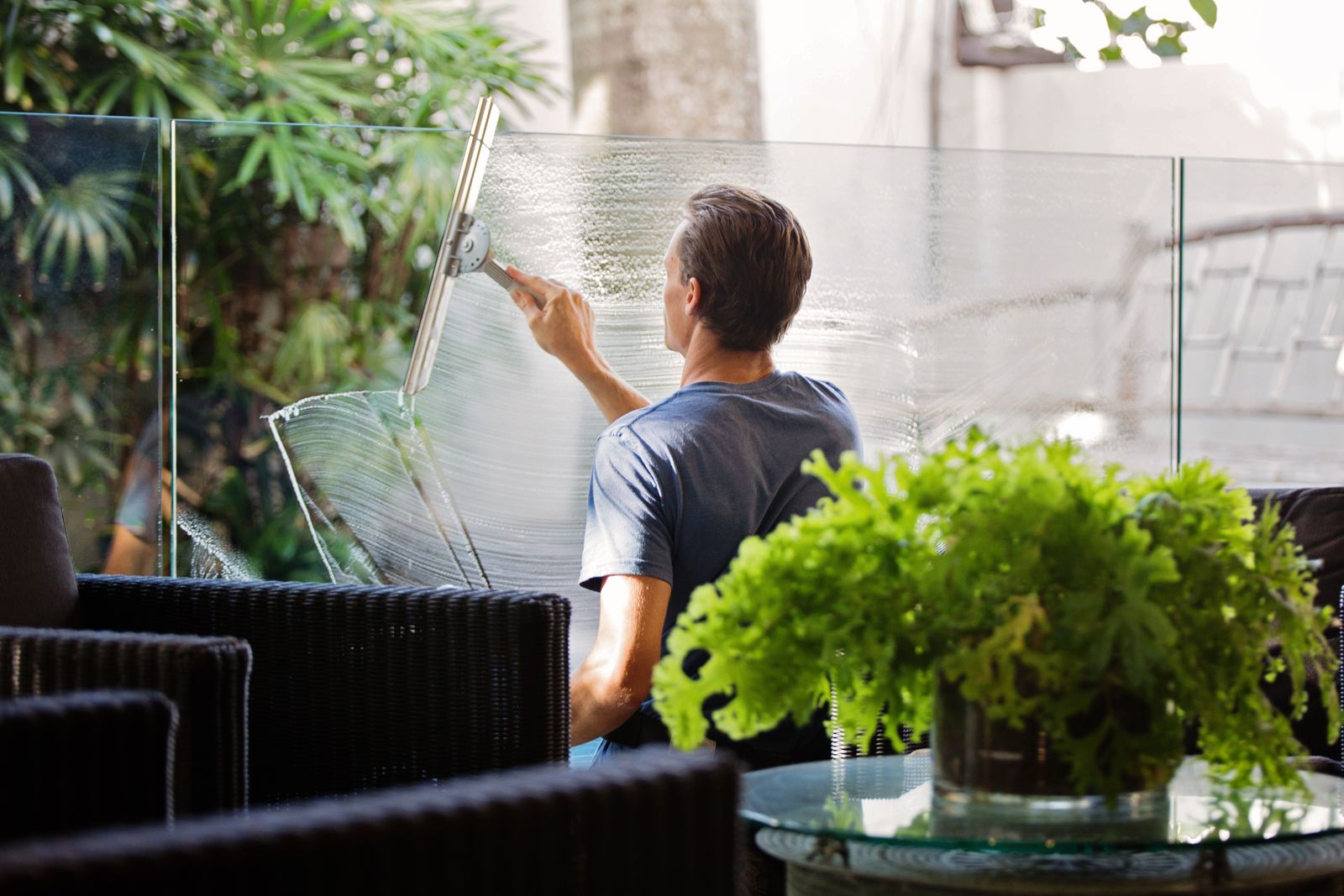 紺のTシャツの男性が、植物のあるテラスで、ガラスの仕切りを水切りで拭いている後ろ姿